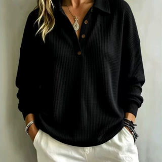 欧美跨境亚马逊外贸时尚纽扣华夫格2026秋季新款纯色套头上衣女装