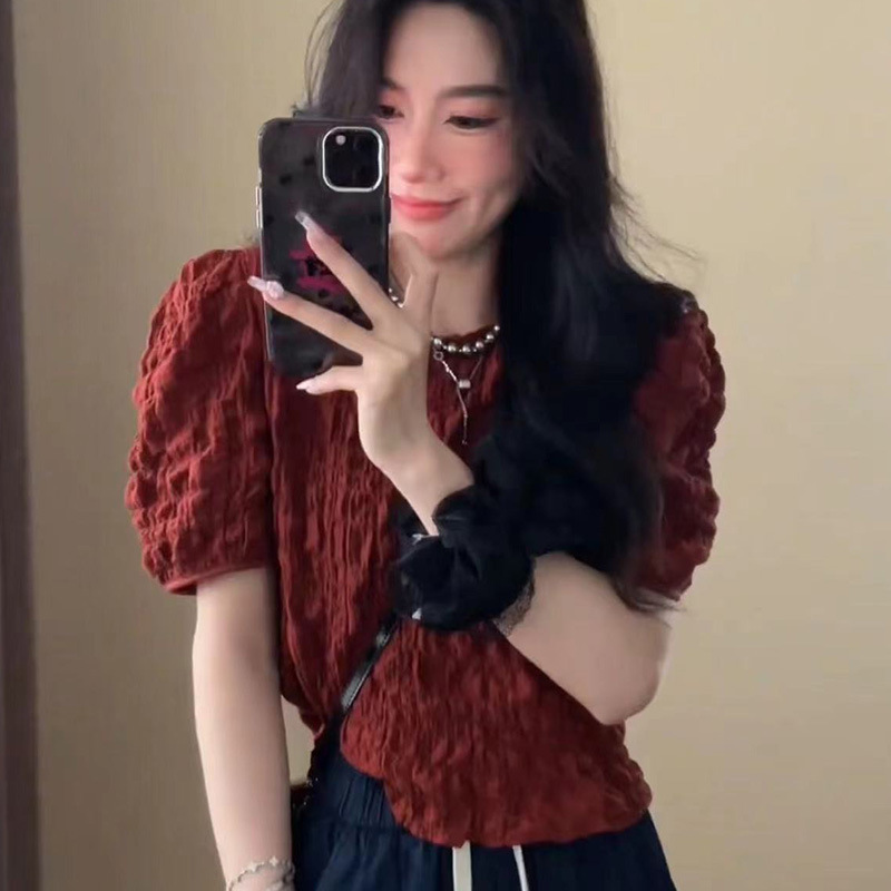 ヨーロッパ半袖シフォンシャツ女性の新しい夏のデザインニッチプリーツショートパフスリーブシフォントップ|undefined