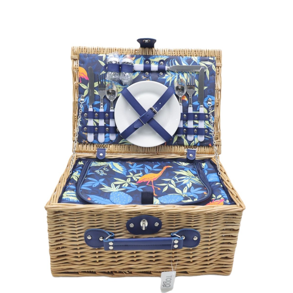 Cesta de almacenamiento portátil con tapa de ratán de stock de fábrica, al aire libre con vajilla, salida de primavera, cesta de picnic de sauce