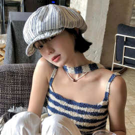 复古条纹云朵帽春夏薄款凹造型记忆钢丝显脸小八角帽网红画家帽潮