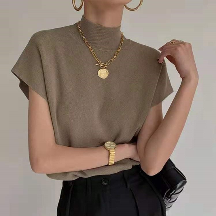 半高领坎肩针织蝙蝠袖T恤女宽松2025新款短款短袖上衣