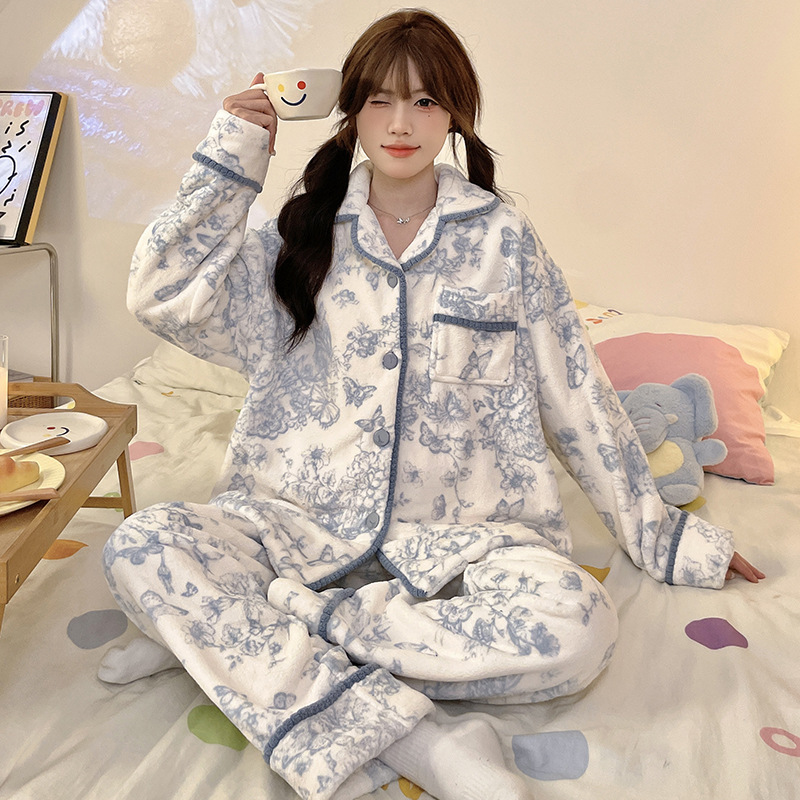 (2개) 산호 양털 잠옷 여성의 가을과 겨울 기모 두꺼운 중국 잉크 플란넬 겨울 긴 소매 홈 의류 세트
