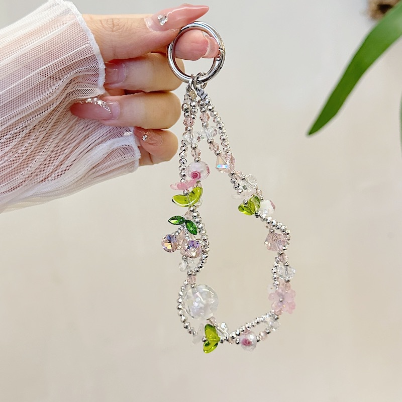 Boutique hecho a mano cadena de teléfono móvil de alta gama pulsera de cristal de cereza cordón de teléfono móvil de moda colgante de mensajero corto