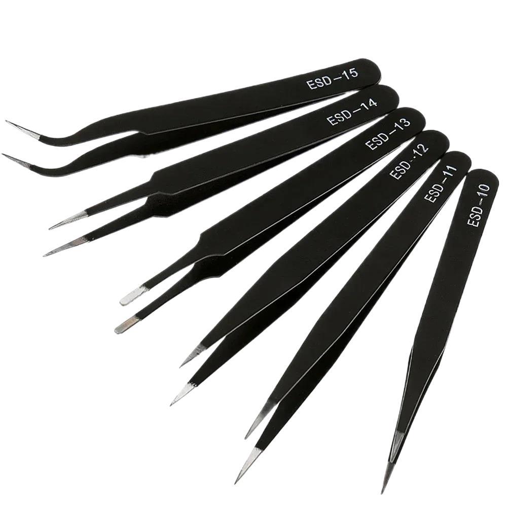 6件套镊子 维修精密镊子0.8mm  黑色尖头弯头 不锈钢镊子跨境供