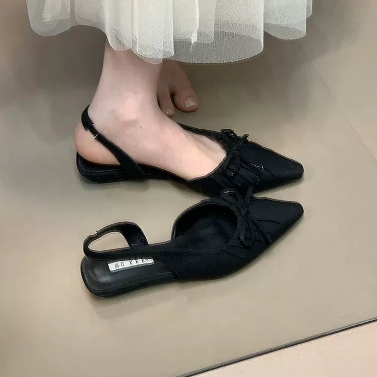 Стильные туфли на pointed toe сruffled бантами, сандалии для женщин, лето 2025, корейский стиль, клин, с эластичной лентой сзади, модная обувь