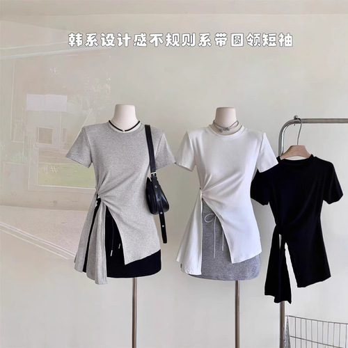 Lady belt solid color short-sleeved T-shirt for women 2025 summer new Korean round neck versatile pullover student top trendy