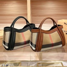 跨境新款2025秋冬真皮格子帆布单肩手提包包代发包包批发菜篮子