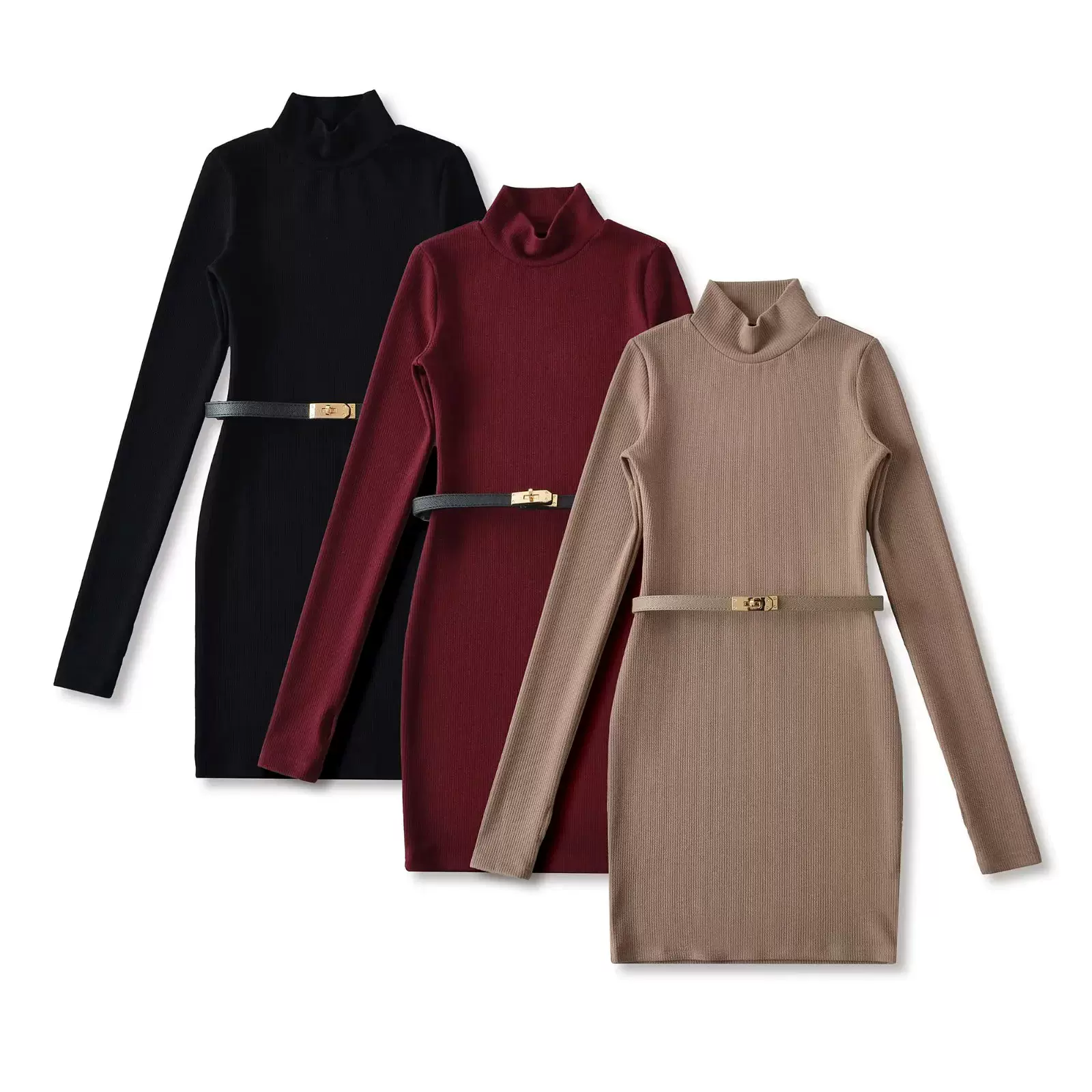 辣妹性感高领加厚紧身螺纹打底连衣裙含腰带长袖收腰修身包臀裙女