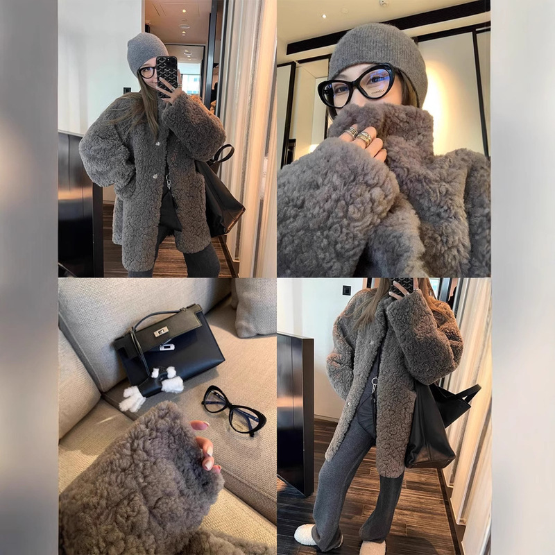 Mid-Length Fur One-Piece Outwear for Women 2024 Winter Loose Lamb Wool Eco-Friendly Fur Outwear with Fur Collar