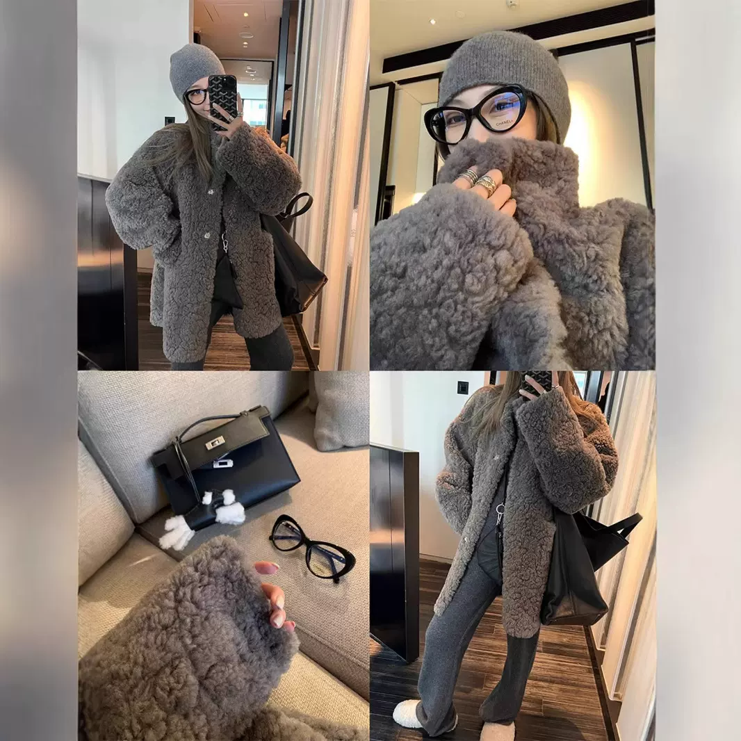 中长款皮毛一体外套女2024年冬季宽松羊羔毛环保毛皮草上衣毛领