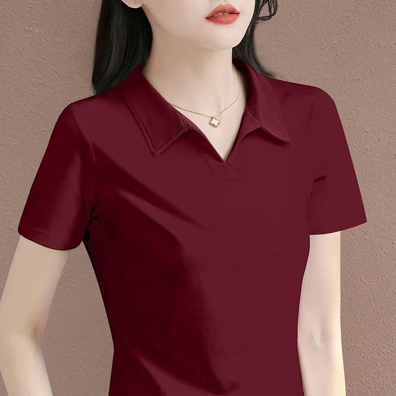Pure Cotton Stretchy Lapel V-Neck Fashionable Casual Short-Sleeved T-Shirt for Women 2026 Summer New Style Mom Wear Polo Shirt Top