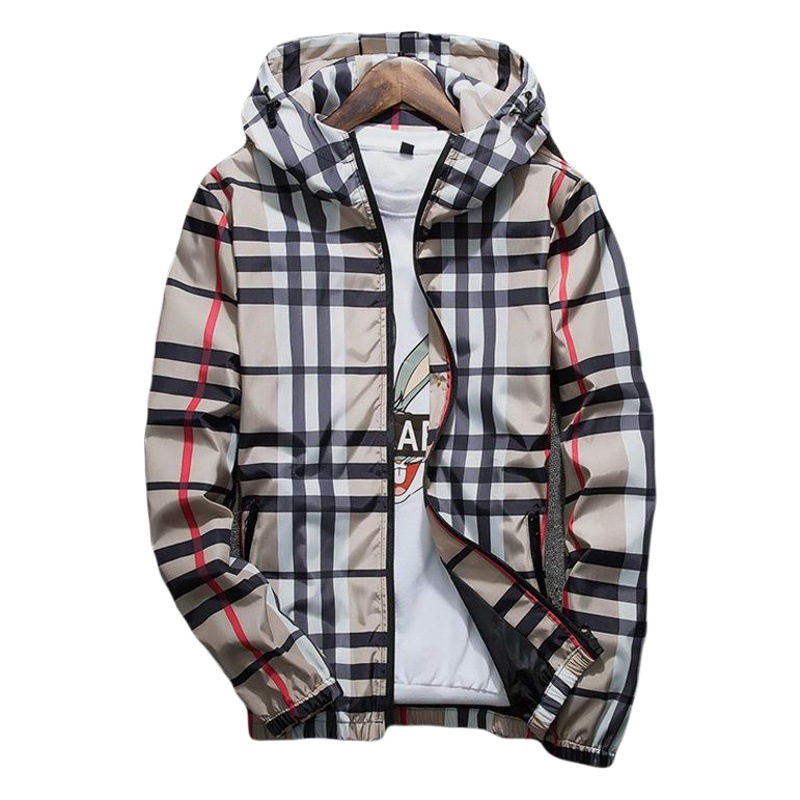 6681 chaqueta de los hombres de Primavera y Otoño Nuevo estilo Coreano de moda delgado con capucha ropa de primavera a juego de los hombres a cuadros abrigo