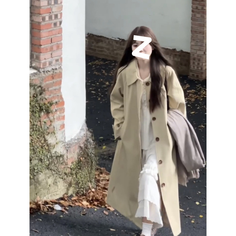 极简风少女韩系翻领风衣女秋冬新款卡其色高级廓形中长款气质大衣|undefined