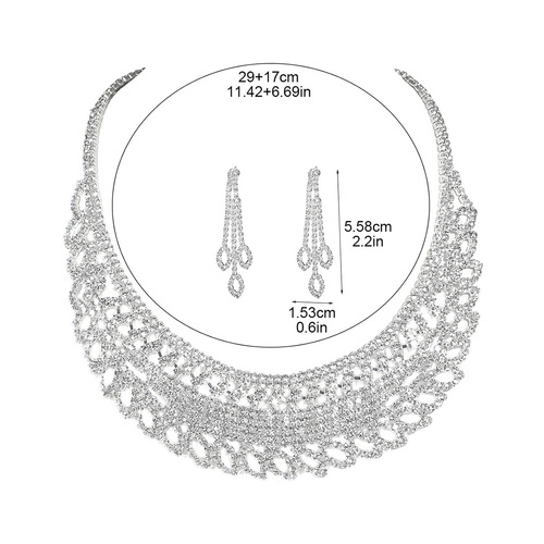 All-Copper Luxury Water Diamond Geometric Engraved Necklace Earrings Set Bride Diamond-Studded Necklace Earrings Set