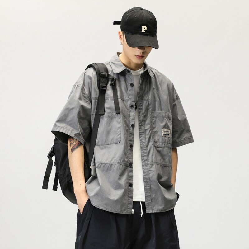 Japanese-Style Workwear Short-Sleeve Shirt for Men, Loose Fit, Summer Style, Cool and Stylish, High-End Feel, Nice-Looking Half-Sleeve Shirt with Double Pockets