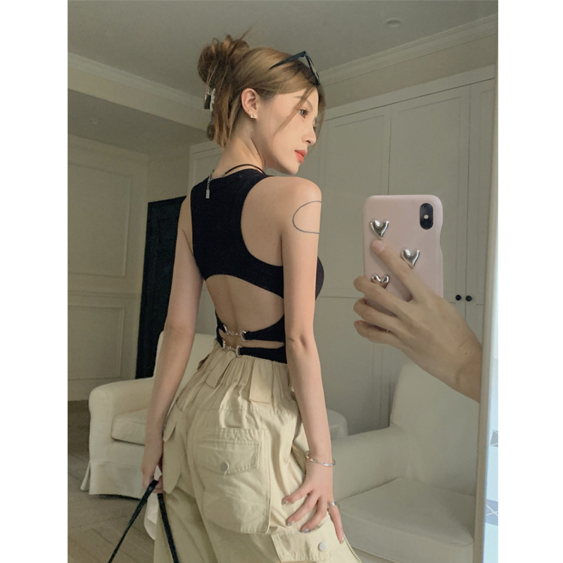 American-style Black I-shaped Vest Women's Summer Inner and Outer Wear Spice Girls Beautiful Back Backless Sling Short Top with Chest Pad