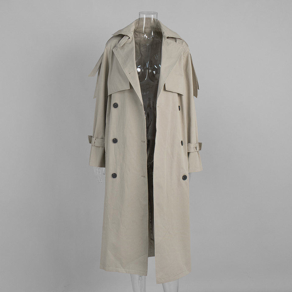 Áo khoác trench coat nữ dáng dài phong cách Âu Mỹ, chất liệu cotton, form rộng có dây thắt eo — Màu kaki, màu xám chi tiết 3