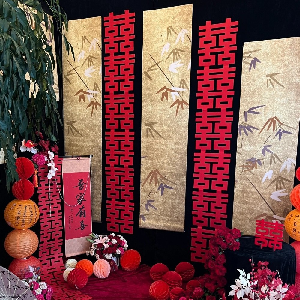 Long Xi Chinese Hanging Cloth Banner Wedding Room Women's Morning Robe Shooting Background Decoration Living Room Indoor and Outdoor Arrangements