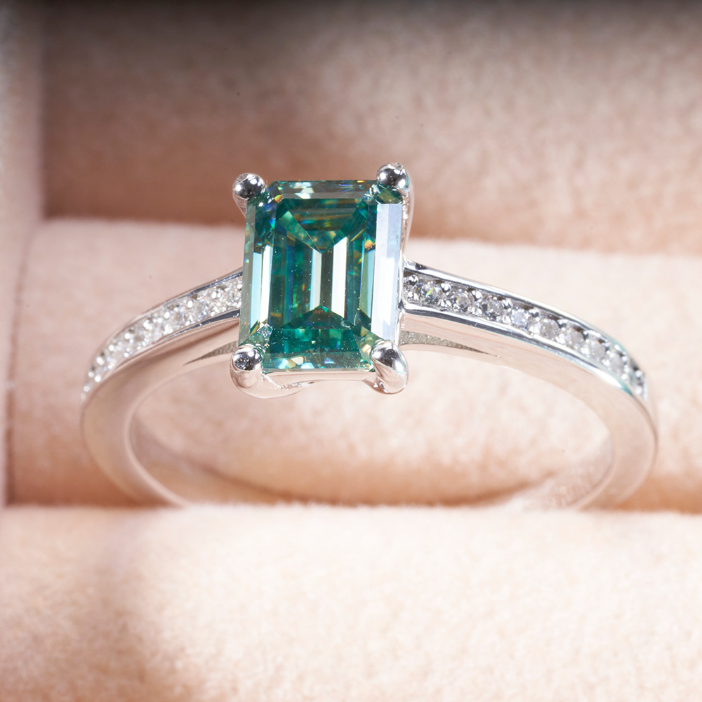 2 quilates anillo azul-verde anillo de color esmeralda anillo de color esmeralda corte segundo más lápiz de taladro