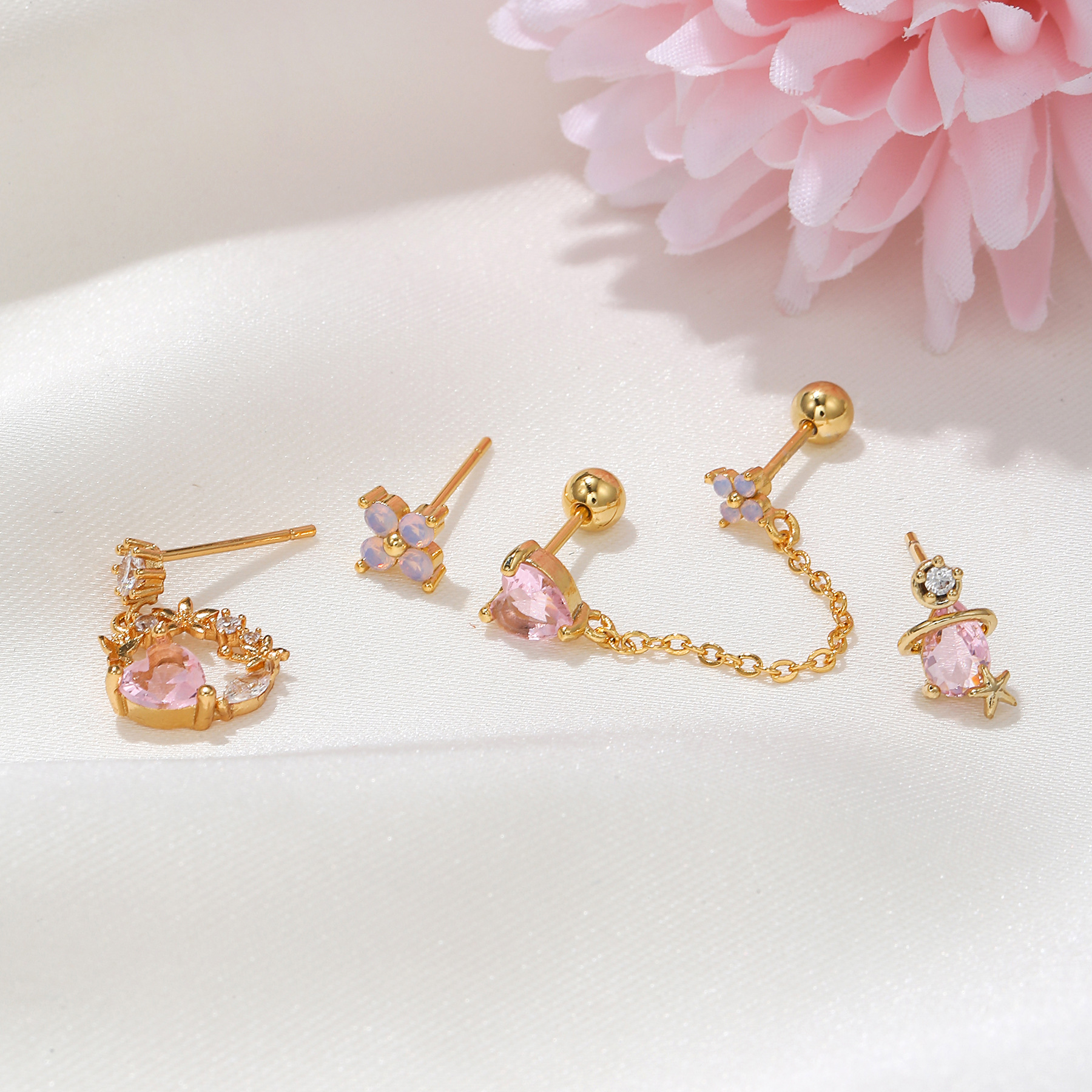 Zircon Inlay Material Ear Studs Classification 1 Set Quantity Fashion Heart Shape Brass Heart Zircon Ear Studs 1 Set