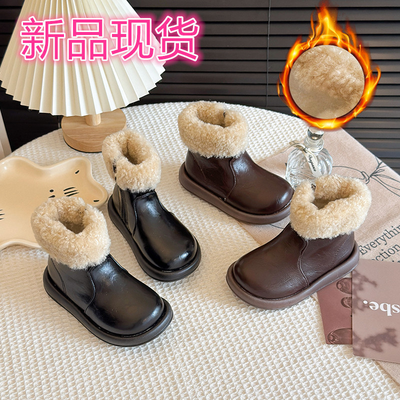 Girls' Boots 2025 Winter Kidsren's Fashion Boots Korean Style Raw Edge Low-Top Warm Anti-Slip Leather Boots for Boys in Stock