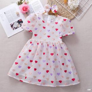 Girls Dress 2024 New Little Girl Fashionable Thin Puff Sleeve Love Skirt Summer Children's Princess Dress
