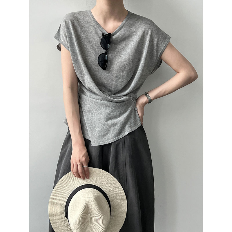 Luxi Korean-Style Twisted Knit Top for Women, Summer New Thin Style, Slimming Irregular Short-Sleeve Blouse Ss1022 Luxi Korean-Style Twisted Knit Top for Women, Summer New Thin Style, Slimming Irregular Short-Sleeve Blouse Ss1022