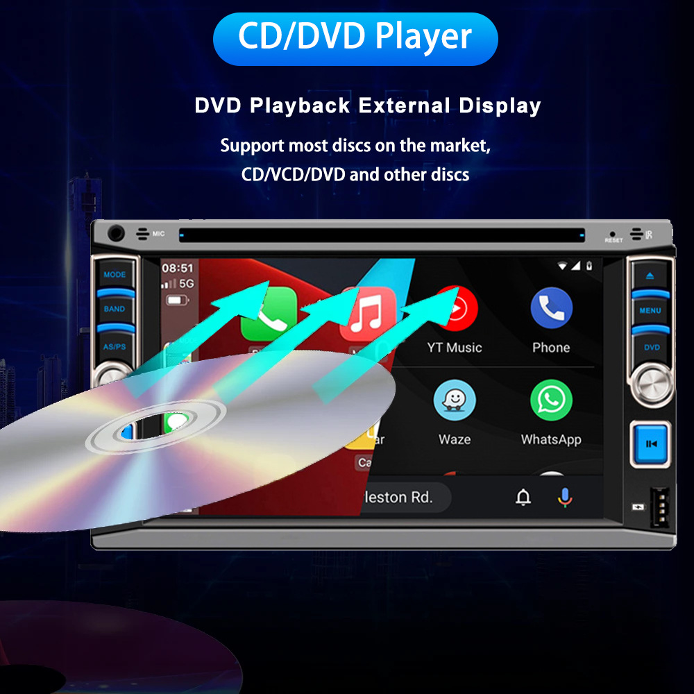 6.2inch Car Dvd Cd Dual-Master Player Wired Carplay Mobile Phone Screen Projection Bluetooth Fm Radio 12V