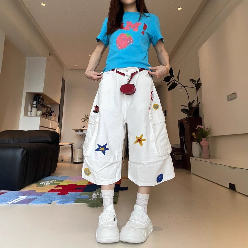 American Retro Embroidered Denim Cropped Pants for Women Summer New Hot Girl High Waist Slim Loose Wide Leg Cargo Shorts