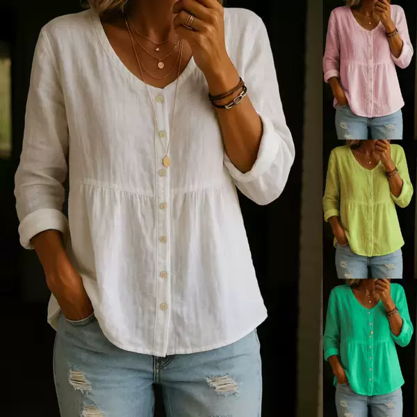 Europe and the United States cross-border Amazon summer new women's casual loose fashion cotton long sleeve V-neck button shirt