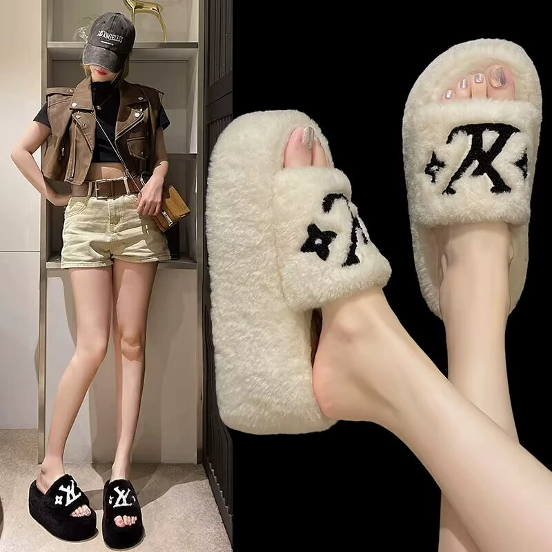 Новые женские тапочки на толстой подошве 8 см с буквенным принтом и мехом, осенне-зимняя коллекция 2025, в стиле Chanel, из овечьей шерсти, на плоской подошве, для улицы