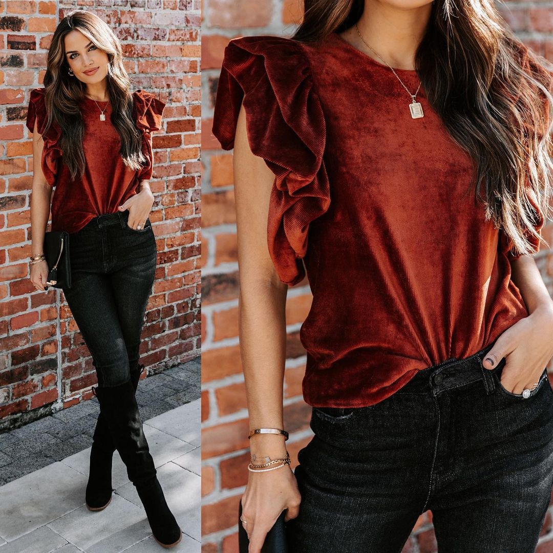 Velvet Ruffles Short-Sleeved Round Neck Loose Top NSJRM111788