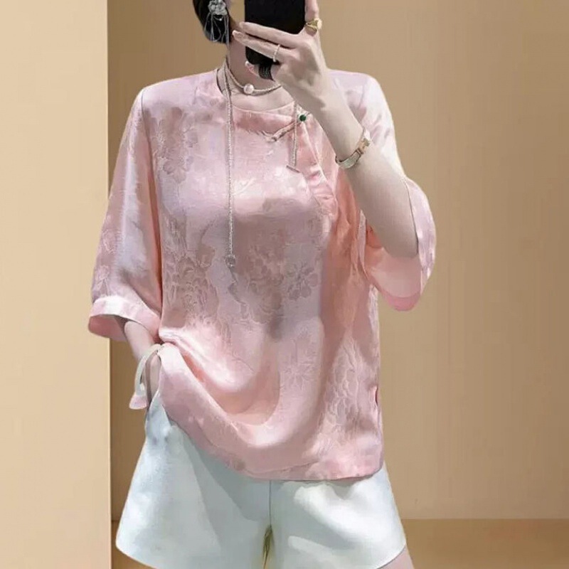 Cross-Border Chinese-Style Jacquard Shirt for Women, Summer Retro Tang Suit T-Shirt Top, Three-Quarter Sleeve, Acetate Satin Elegant