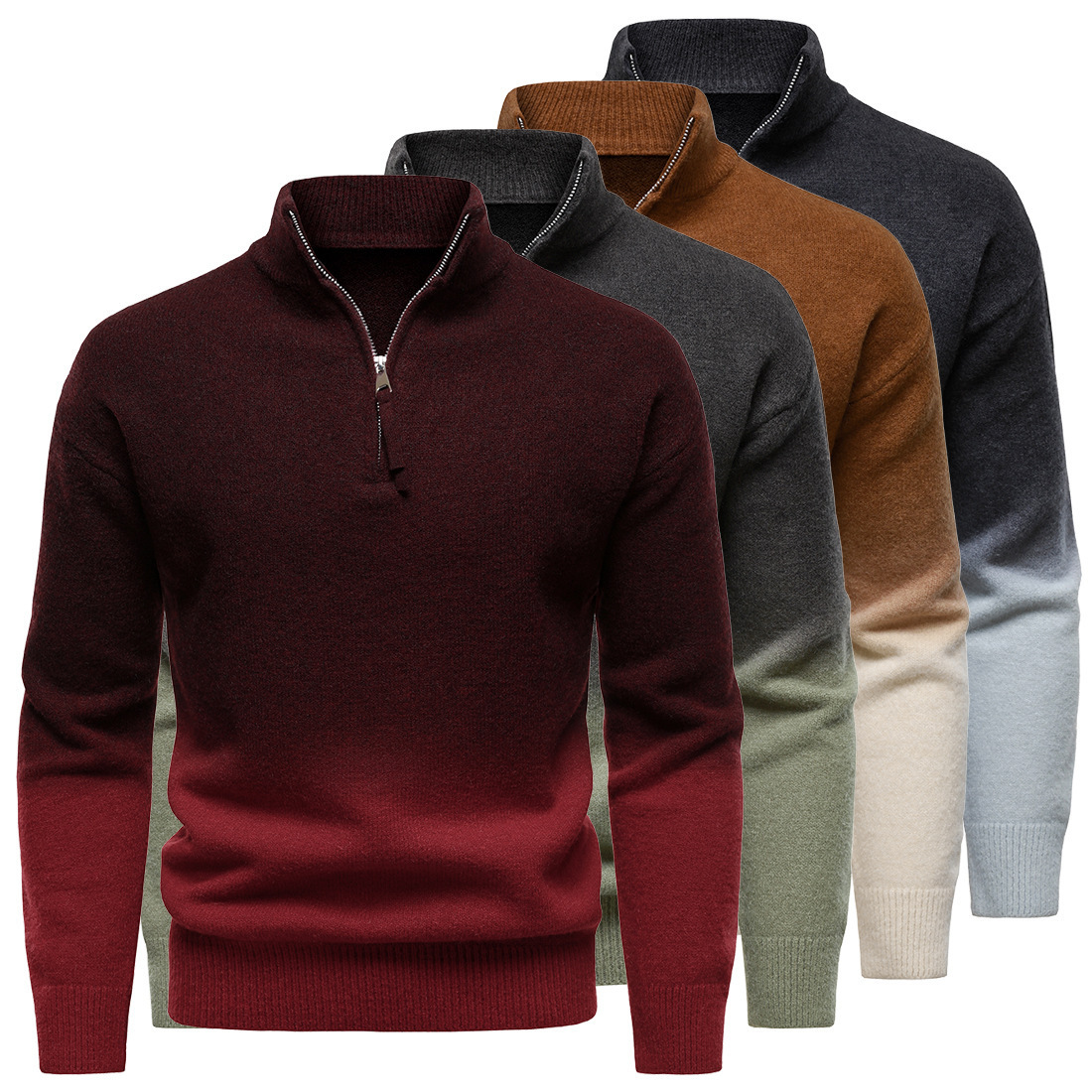 外贸秋冬季新款欧美渐变色半拉链立领毛衣男士时尚潮流休闲针织衫