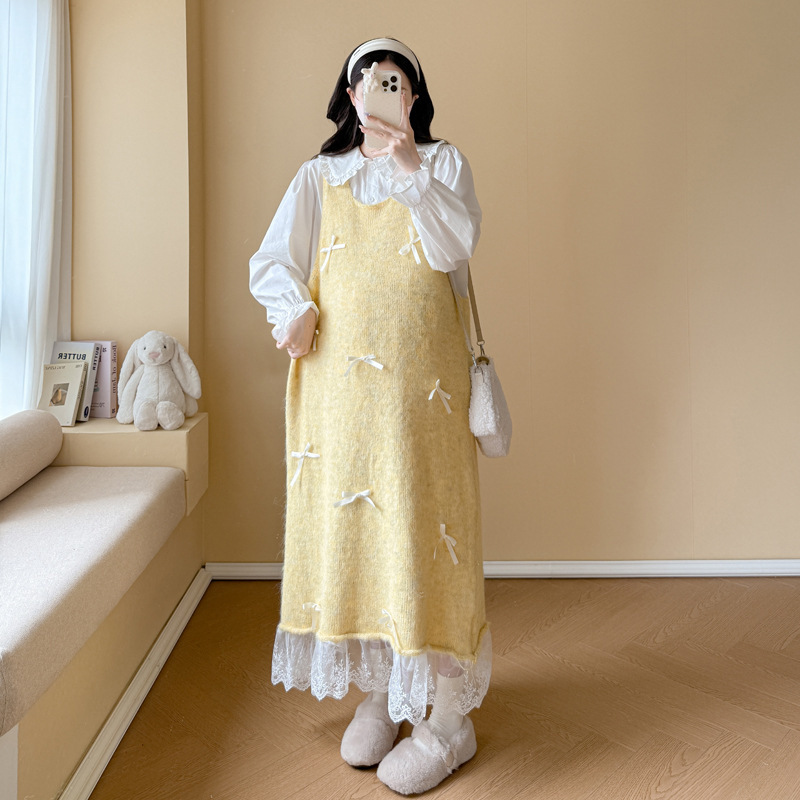 孕妇秋冬新款重工宽松显瘦长款背心连衣裙+娃娃领衬衫甜美两件套|undefined