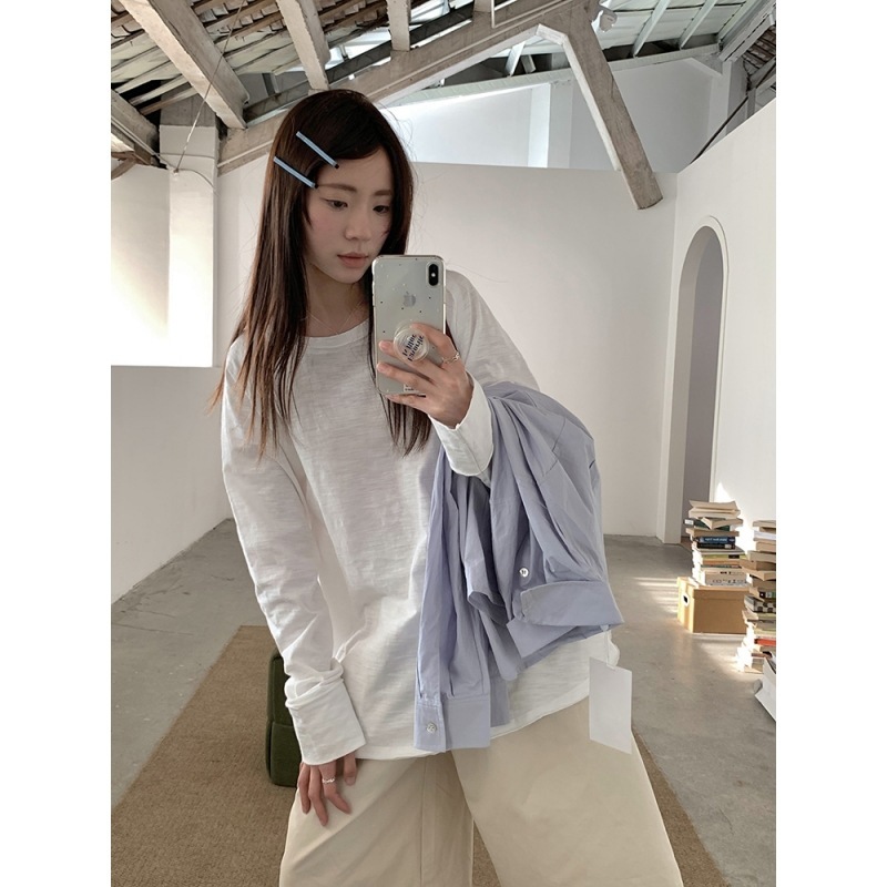 2025 新しい純綿竹綿長袖 Tシャツ女性の薄い春と夏のルーズレイジースタイルボトリングシャツ韓国トップ|undefined