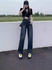 蓝灰高腰阔腿牛仔裤女2025春秋季小众家宽松显瘦垂感裤子高街休闲