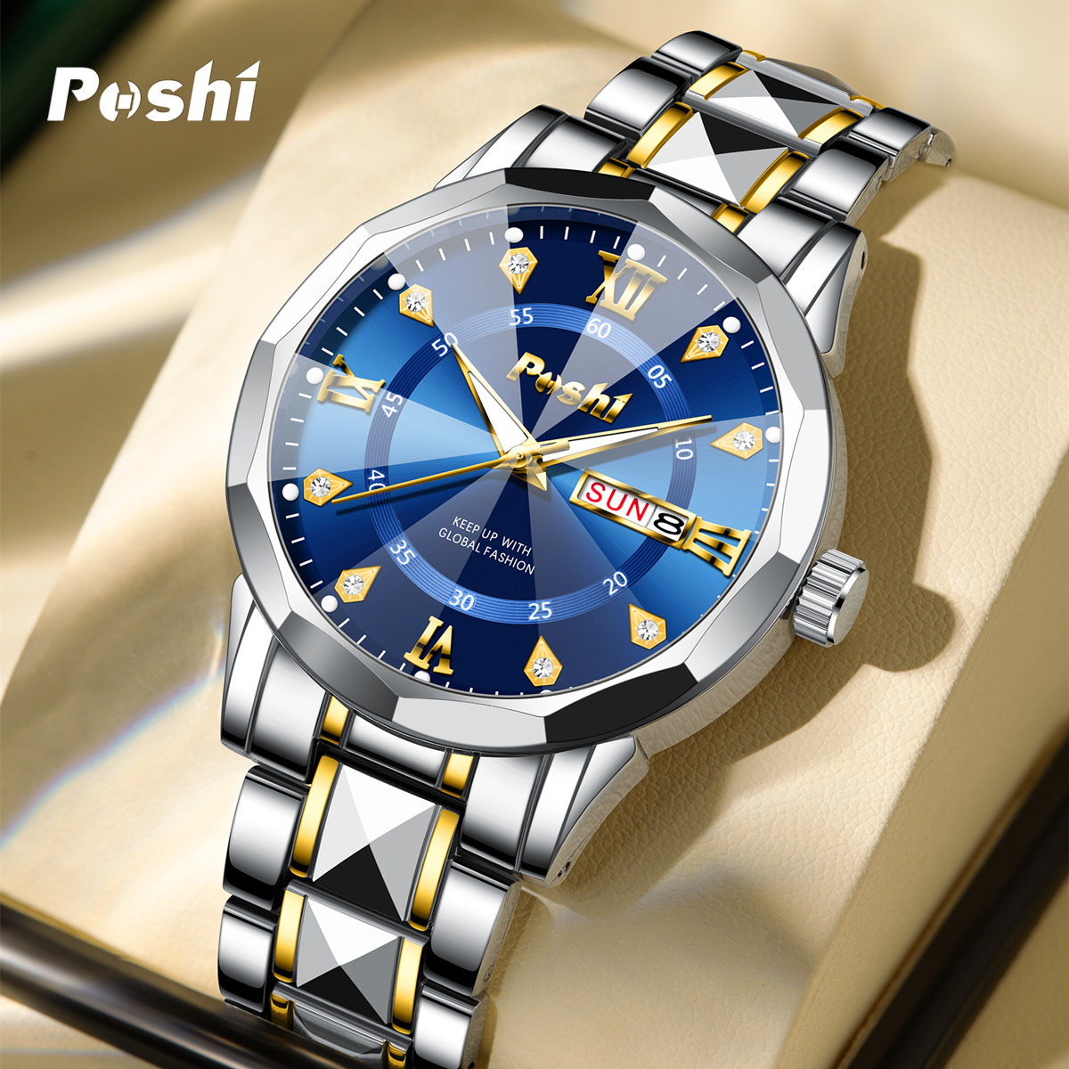 POSHI Watches Reloj de moda para hombre Calendario luminoso Reloj de cuarzo con cinturón de acero Reloj para hombre AliExpress Explosive