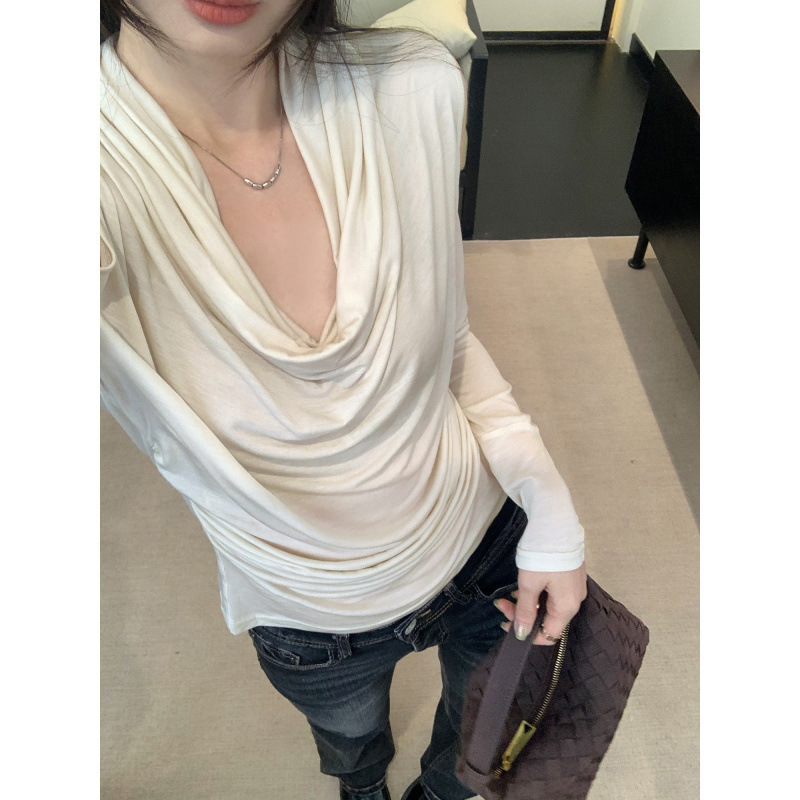 European Lyocell Tencel Pleated Ruffled Long-Sleeve T-Shirt for Women, 2026 Spring New Style, Off-Shoulder Versatile Top
