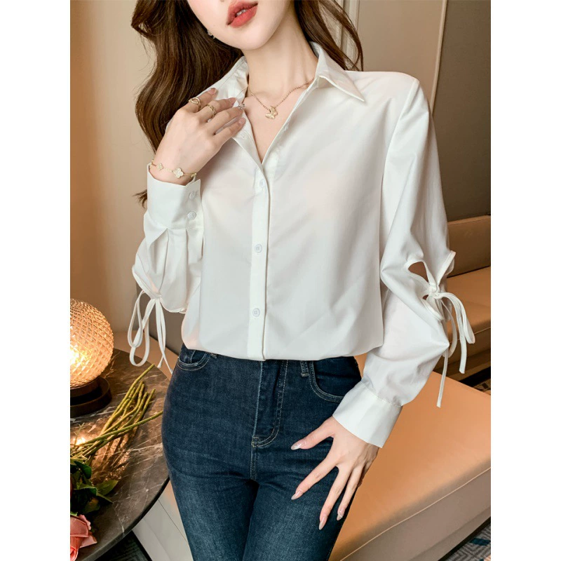 Поставлено 2024 осень и зима новый дизайн бант блузка белая рубашка с длинными рукавами рубашка