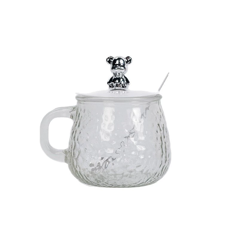 Hammered bear glass souvenir cup coffee milk cup with handle and lid breakfast cup transparent tea cup