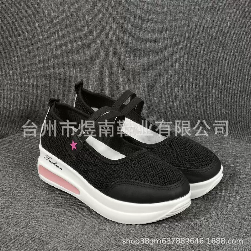 2022 Summer new canvas textiles, pure color daily spot, low -top black slope round head shoes