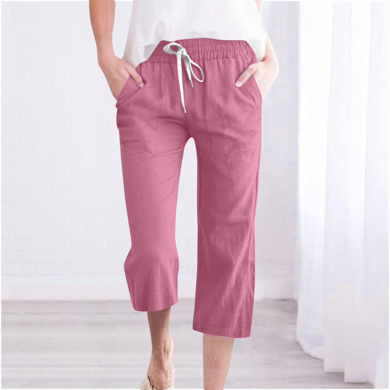European and American 2024 Amazon Cross-border wish Women's Solid Color Drawstring Cotton and Linen Casual Loose Straight Pocket Cropped Pants