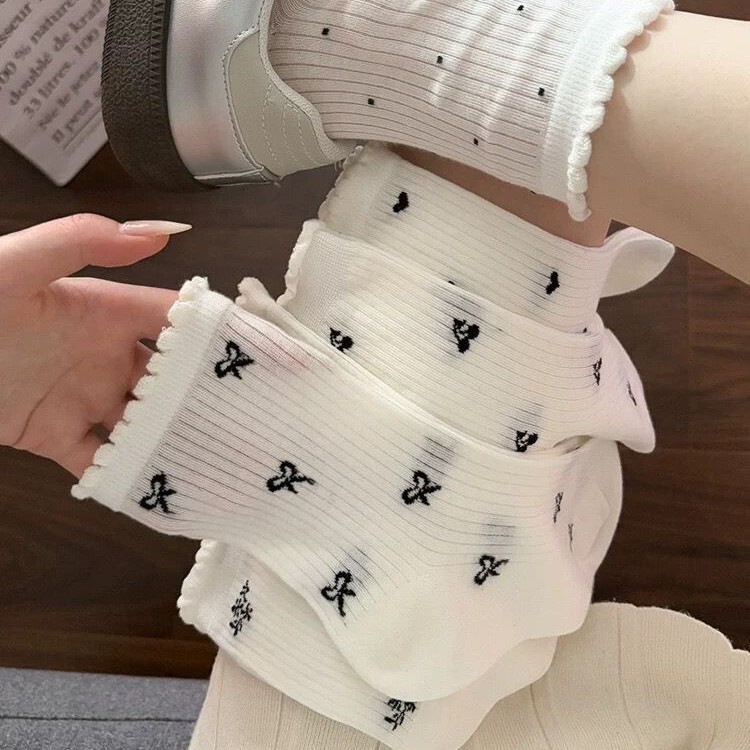 夏和風シンプルなリボンミッドカーフソックス女性用薄い白いレースメッシュ通気性のある耳パイルソックス女性用|undefined