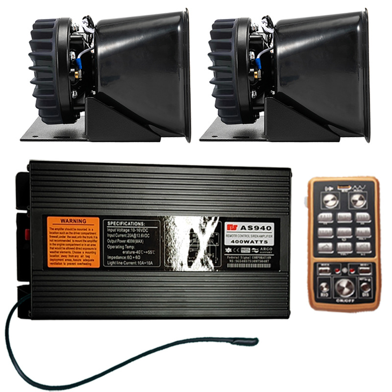 Wireless car alarm system with a 400W high-power loudspeaker, siren, and high-pitched horn, model AS940N, plus a square-shaped speaker with heat dissipation