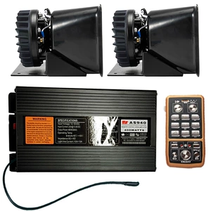 Wireless car alarm system with a 400W high-power loudspeaker, siren, and high-pitched horn, model AS940N, plus a square-shaped speaker with heat dissipation
