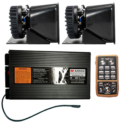 Wireless car alarm system with a 400W high-power loudspeaker, siren, and high-pitched horn, model AS940N, plus a square-shaped speaker with heat dissipation (Car horn/tweeter) - as940n-host-cooling-square-speaker-set-12v