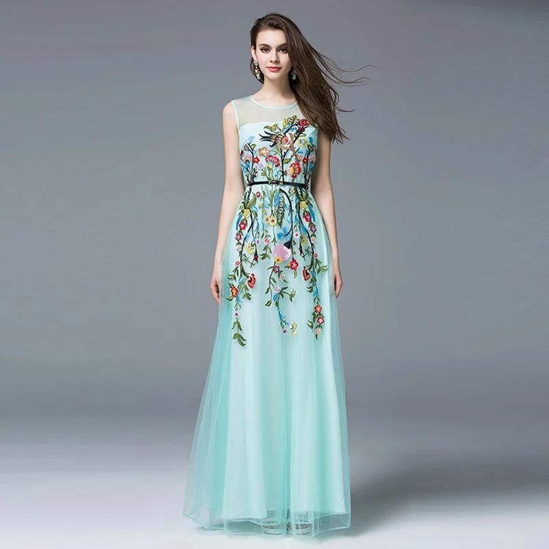 High-Quality Summer New Fashion 2026 Women's Sleeveless Heavy Floral Embroidery Elegant Belted Floor-Length Gown