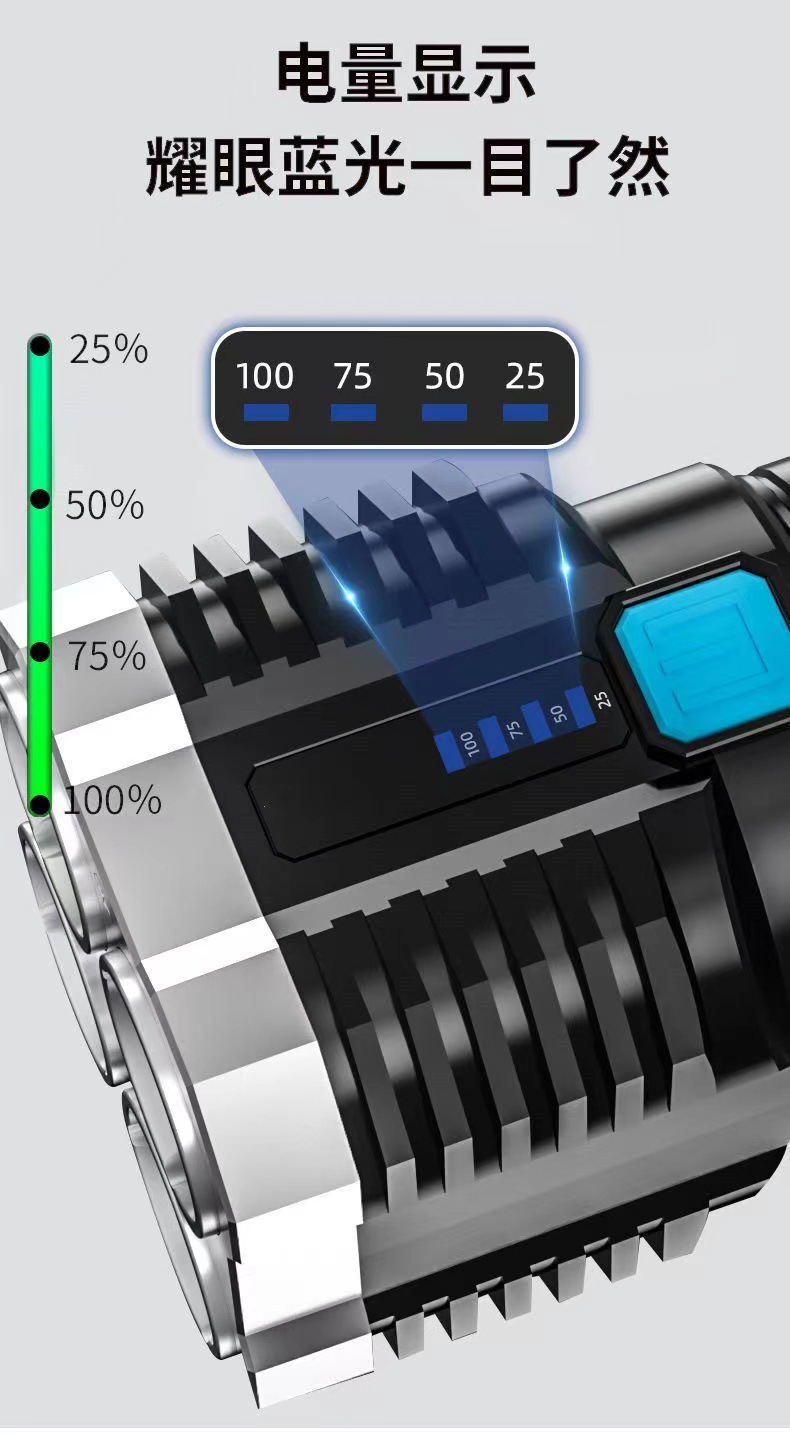 跨境4灯珠led多功能强光手电筒COB侧灯户外便携家用USB充电手电筒详情7