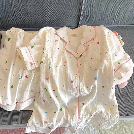 New Pure Cotton Korean Style Polo Dot Pajamas Women's Summer Woven Cotton Short Sleeve suit Cute Casual Home Clothes for Outer Wear